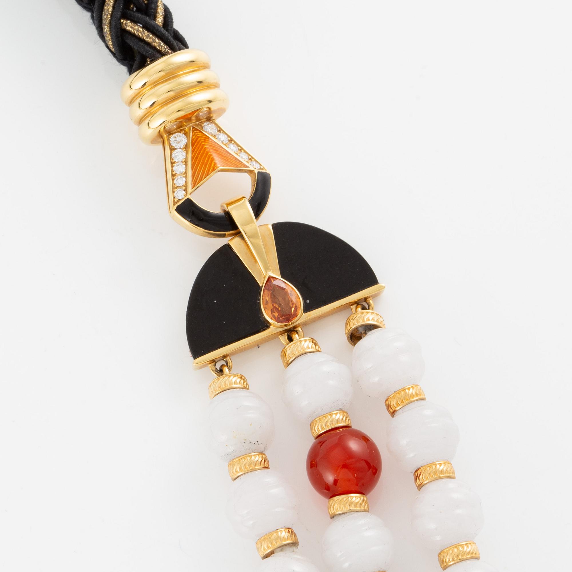Lalique, necklace, "L'Oiseau de Feu", 18K gold with fire opal, sapphires, and diamonds on black jade.