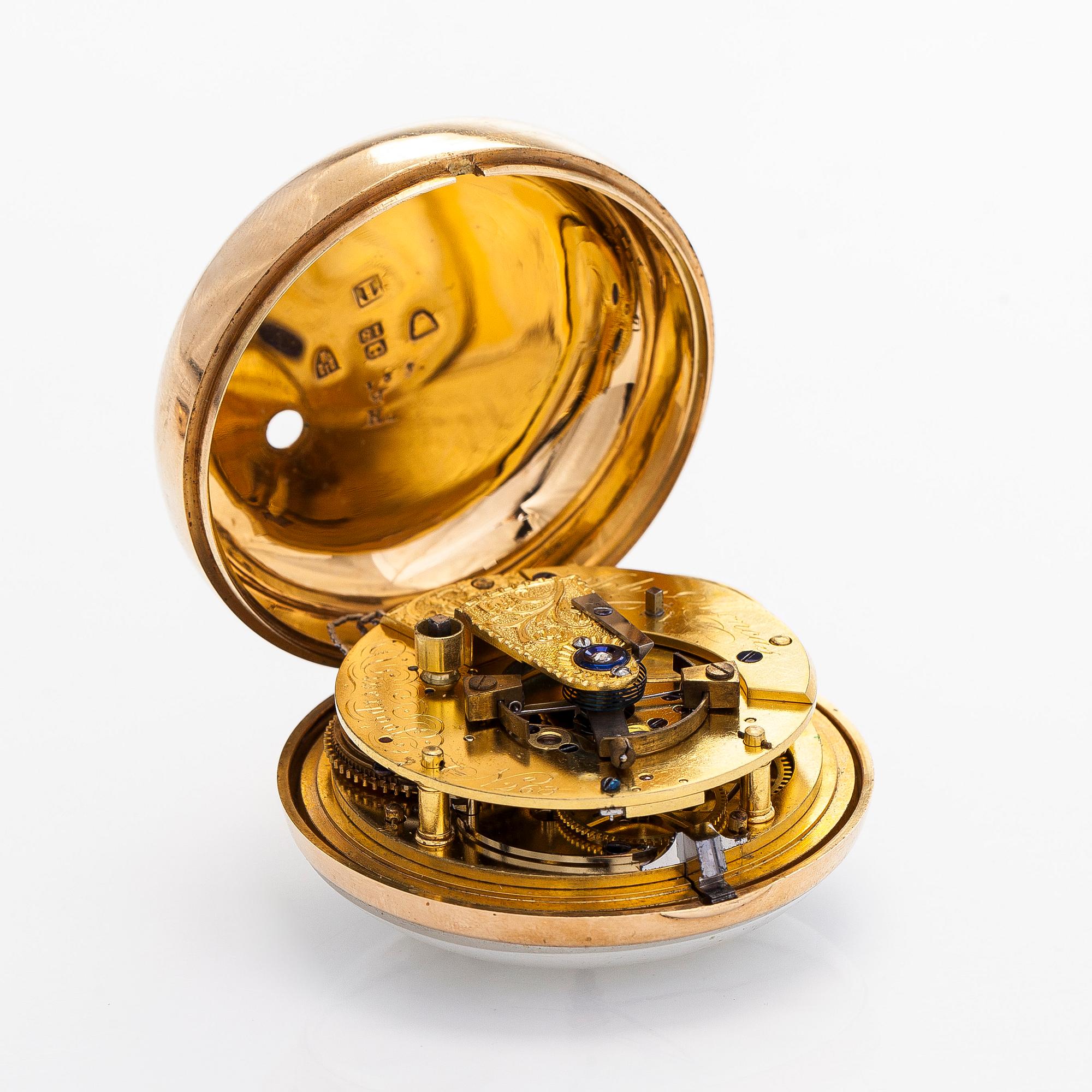 Taskukello, 52 mm, 18K kultaa, John Moncas, Liverpool, 1800-luvun ensimmäinen puolisko.