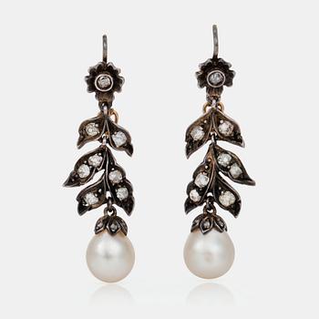 485. A pair of old-cut diamond and probably natural pearl earrings.