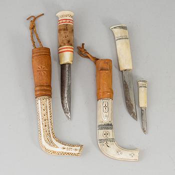 Two Sami reindeer horn knives, signed. Torsten Lustig, -89 and Adolf Viktor, Dundret.