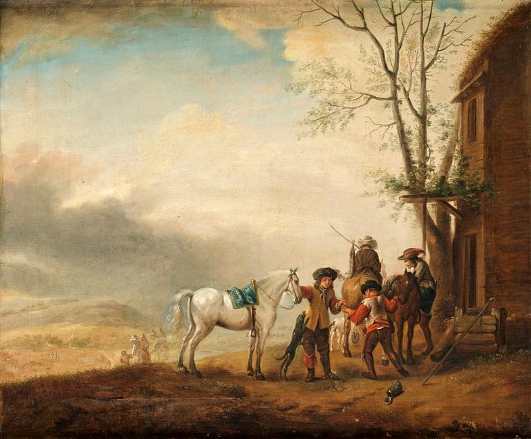 Philips Wouwerman Hans art, Ridsällskap utanför taverna.