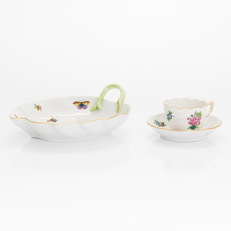 Herend porcelain: three vases, two dishes, a bowl and an espresso cup with saucer, Queen Victoria, Eton. Hungary 20th C.