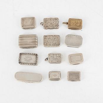 Boxes, 12 pcs, silver, miniature size, England, 19th Century.