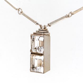 Wiwen Nilsson, pendant on chain, sterling silver, two rock crystal sapprox 15 x 15 mm each, Lund 1945.