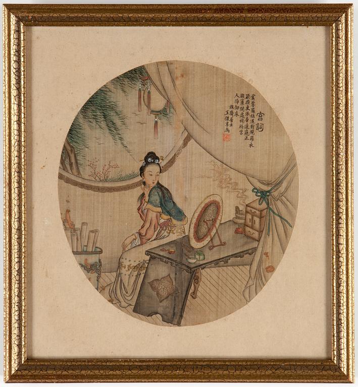 SIDENMÅLNINGAR, två st,  Kina, Qingdynastin, 1800-tal.