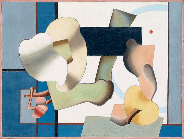 Erik Olson, "Element mot vit och blå fond" (Elements on white and blue background).