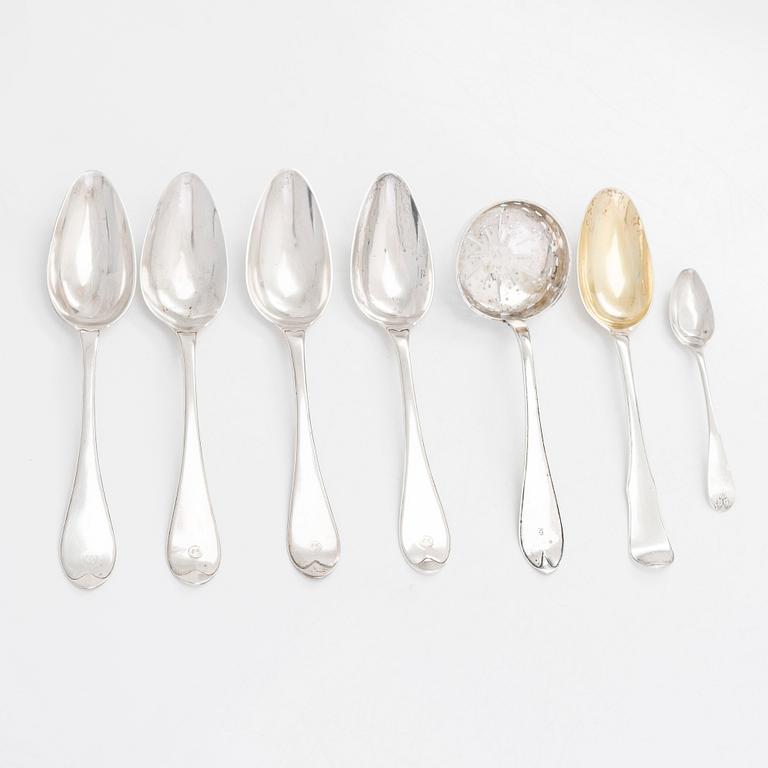 Six early 19th-century silver spoons, and a sprinkle spoon, mainly Tammisaari and Turku, Finland 1803-1820s.