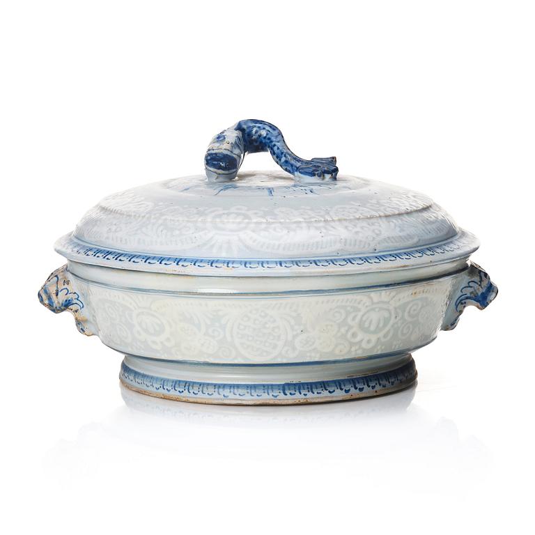 A round Swedish Rörstrand faience tureen with cover, dated 24/4 1752.