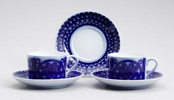 KAFFEKOPPAR MED FAT, 10 st, porslin, "Blå Husar", Stig Lindberg, Gustavsberg.