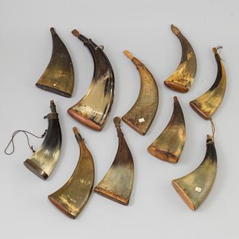 A COLLECTION OF TEN HORN POWDER FLASKA, 19th century.