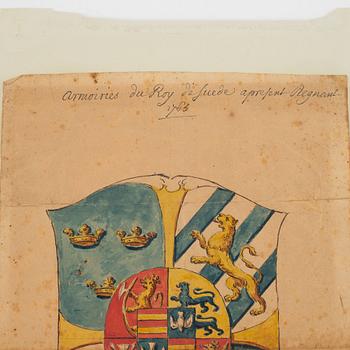 A watercolour, Sweden's Coat of Arms, dated 1765.