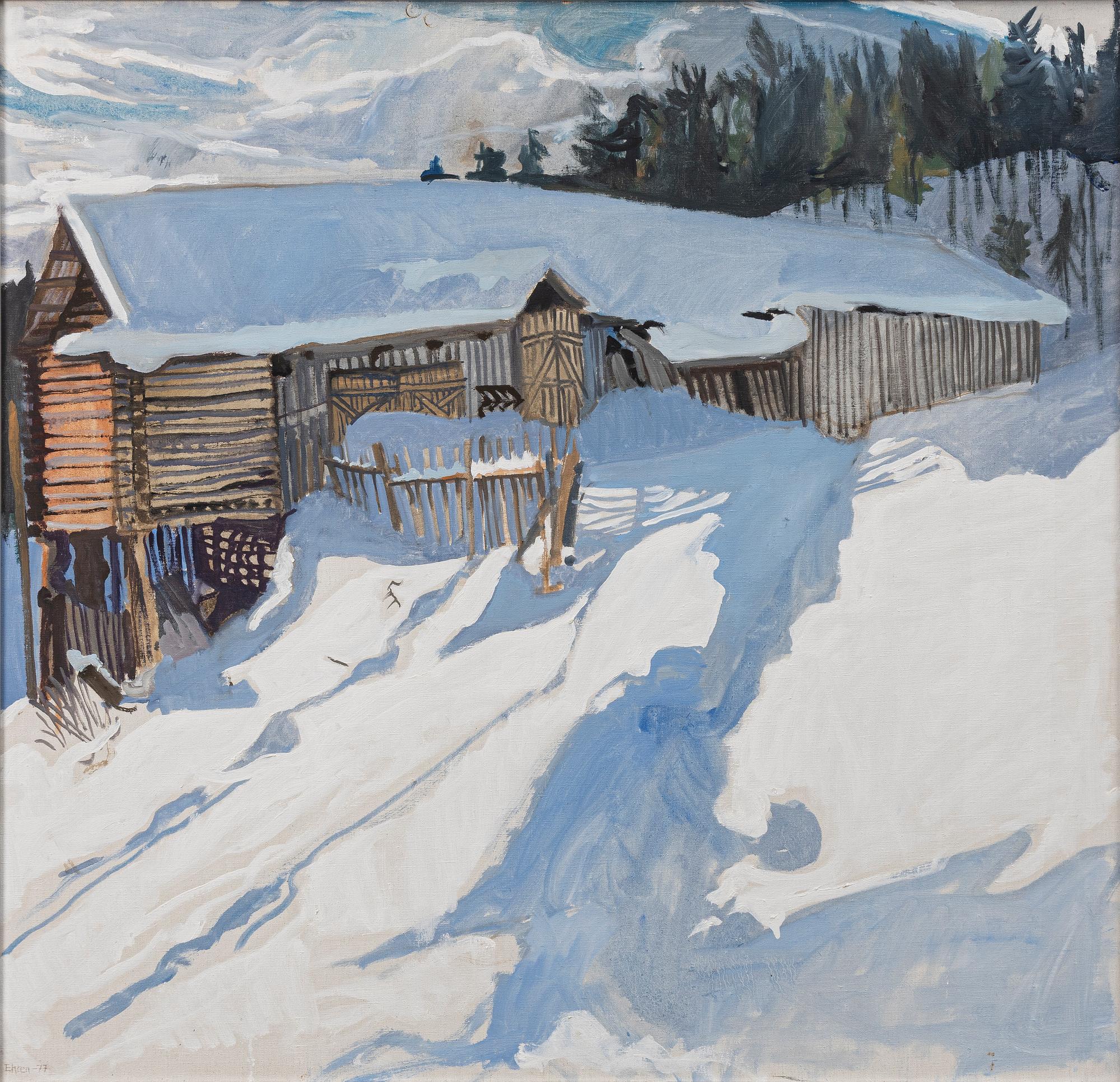 Svenolov Ehrén, Winter scene with a timber shed.