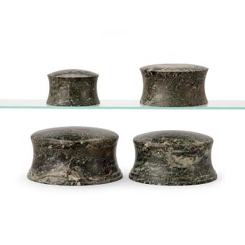 1316. Four Swedish 19th century green marble boxes with covers.