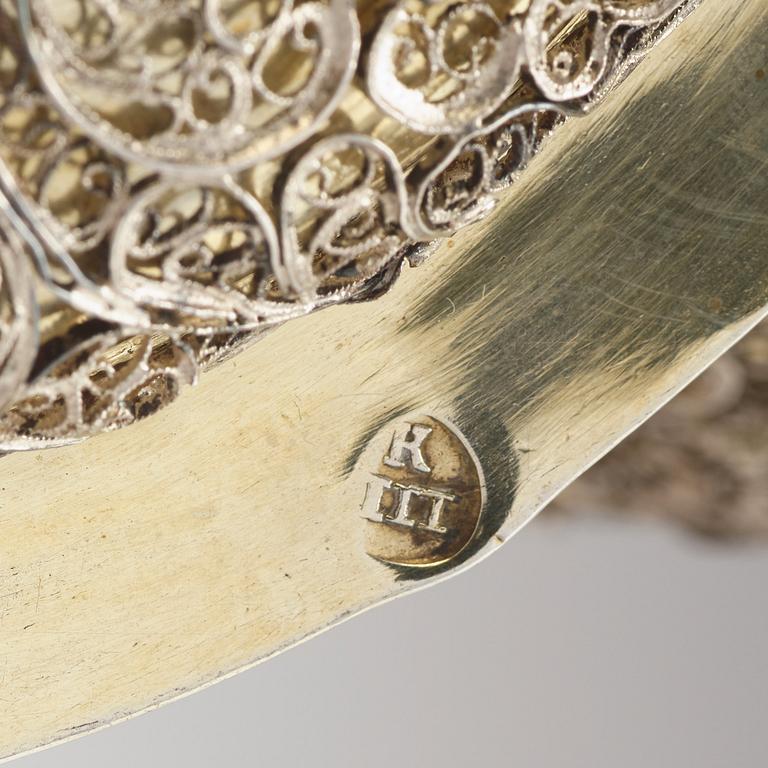 A pair of Swedish 17th century filigree and parcel-gilt silver beakers and covers, mark Rudolf Wittkopf, Stockholm 1698.