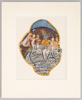 Unidentified artist, Flute-playing deity with snakes and figures, India, 19th/20th century.