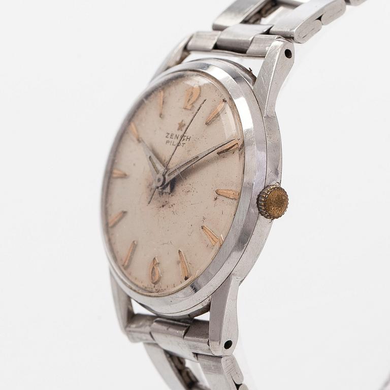 Zenith, Pilot, rannekello, 34 mm, teräs, manuaalinen, pleksilasi, 1950-luku.