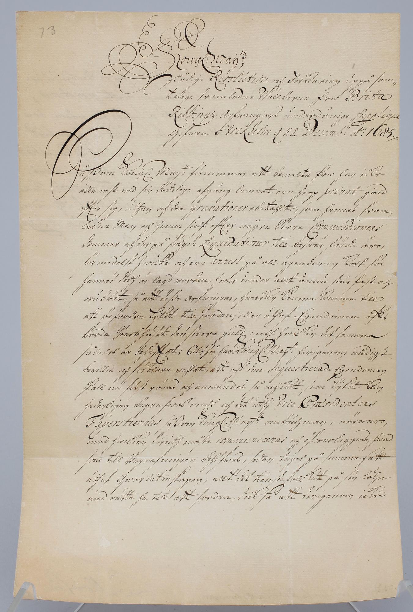 DOKUMENT MED KUNGLIG AUTOGRAF, Konung Karl XI av Sverige, dat Stockholm 22 dec 1685.