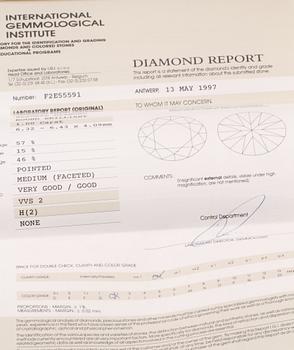 BRILJANTSLIPAD DIAMANT, 1.00 ct, oinfattad, certifikat daterat 1997.