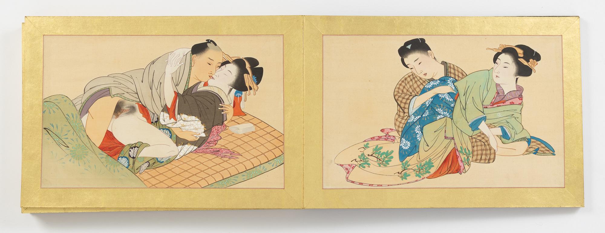 A Japanese Shunga album, ink an colour on silk, Japan, Meiji period (1868-1912).