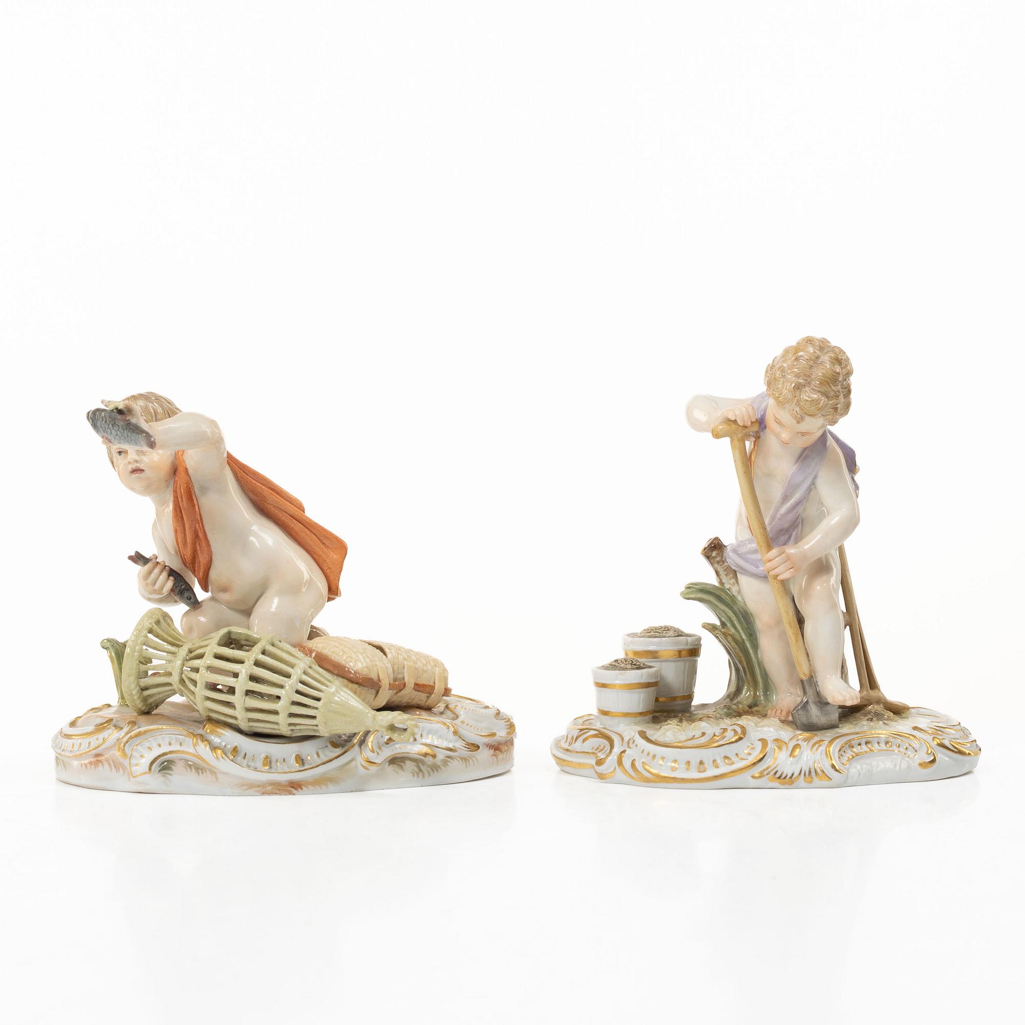 Meissen, Two porcelain figurines, allegories of earth and water, circa 1900.