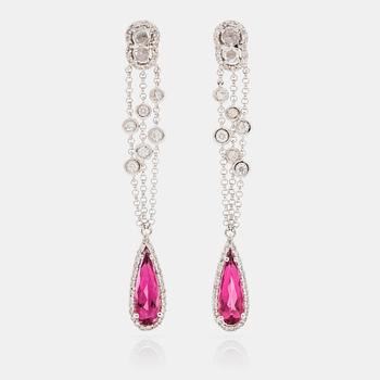 677. A pair of rubellite and brilliant- and rose- cut diamond earrings.