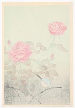Ohno Bakufu, Motif of a bird and flowering roses, and a vase with prunus, peonies, daffodils and an orchid.