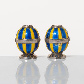 A pair of Norwegian sterling silver and enamel salt and pepper shakers, mark of David Andersen, early 20th Century.