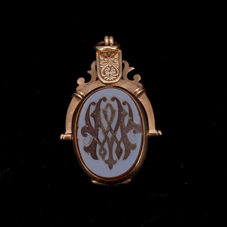 3 DAMFICKUR + SIGILL, guld, emalj, agat.