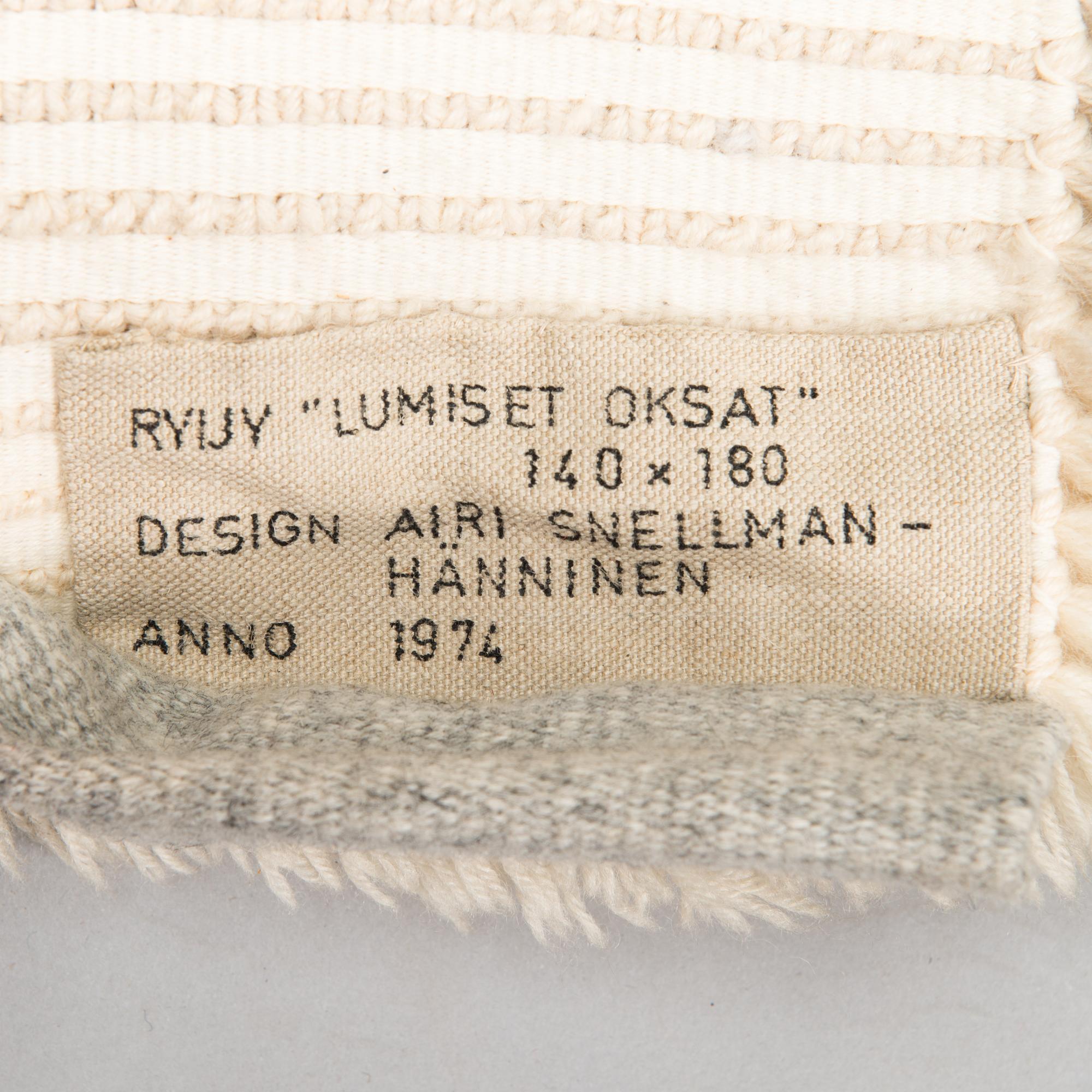 Airi Snellman-Hänninen, rya, anno 1974. Ca 180x140 cm.