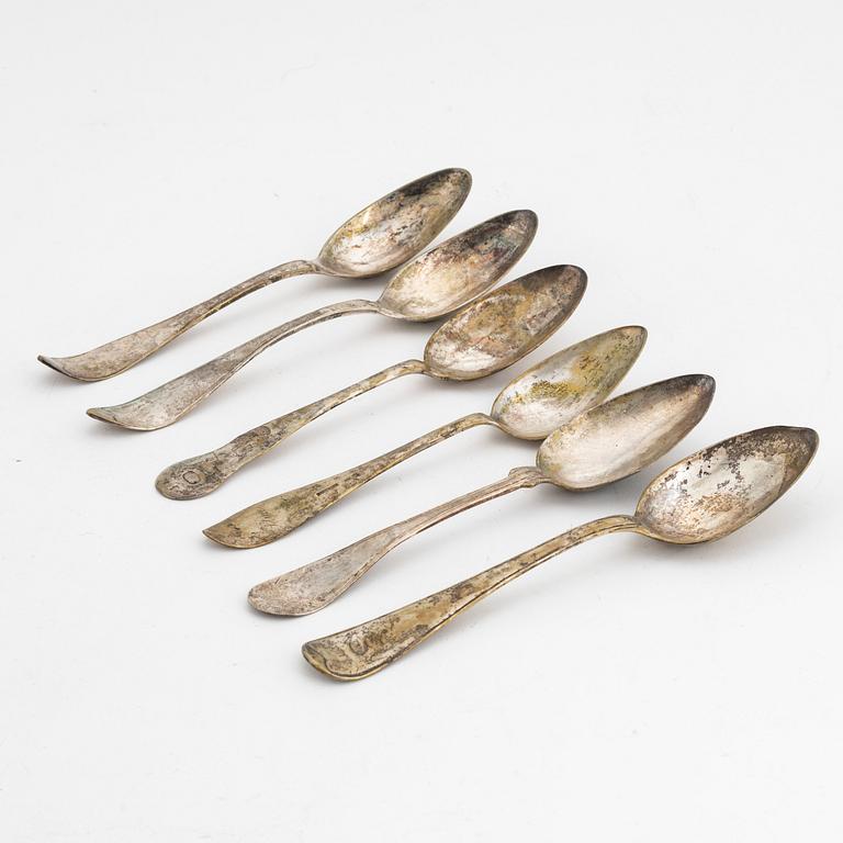 Six Swedish silver table spoons, 18-19th century.