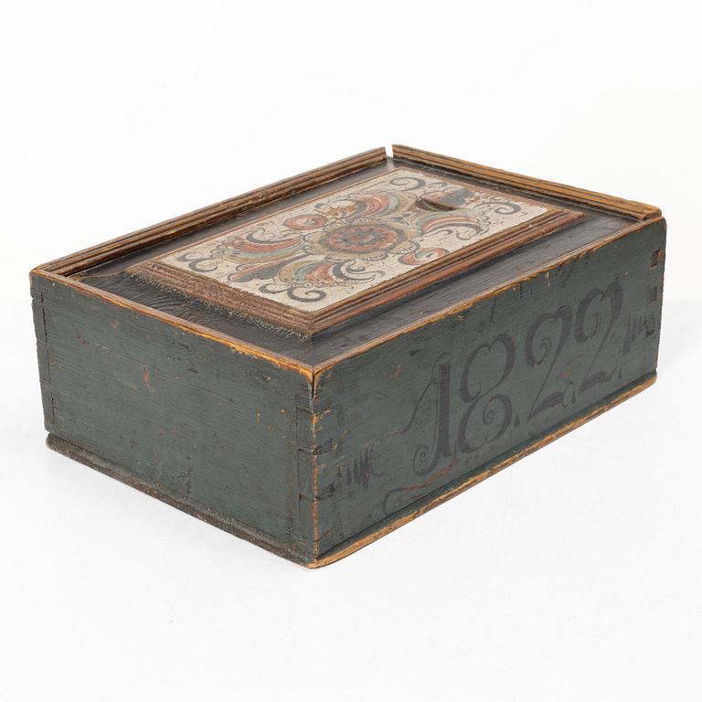 Timplåda, allmoge, tillskriven Hak-målarna, Lima, Dalarna, daterad 1822.