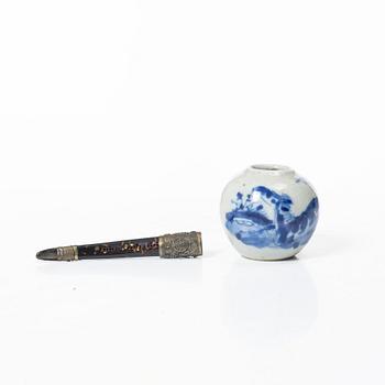 A Chinese blue and white porcelain brush washer / vase and a metal and tortoise shell nail guard, Qing dynasty.