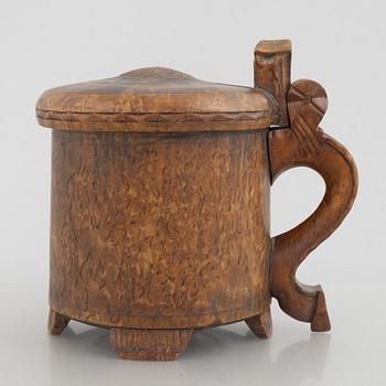 A Norwegian burr-birch tankard, 19th century.