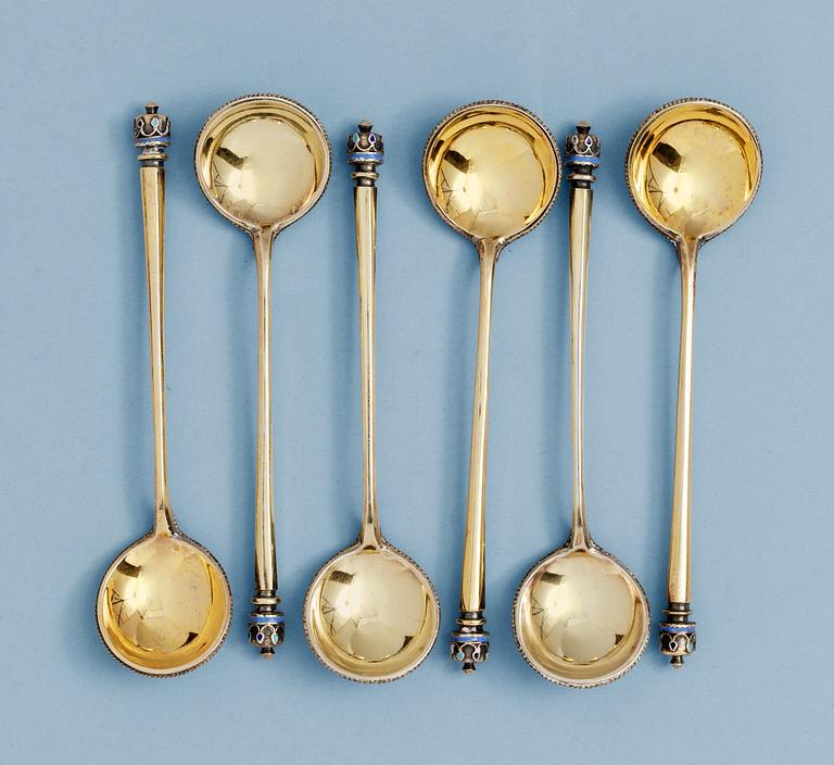 A SET OF SIX RUSSIAN SILVER AND ENAMEL TEA-SPOONS, makers mark of Ivan Chlebnikov, Moscow 1880's.