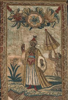 EMBROIDERY. Cross stitches and petit point. 267,5 x 162,5 cm. Probably England, around 1700.