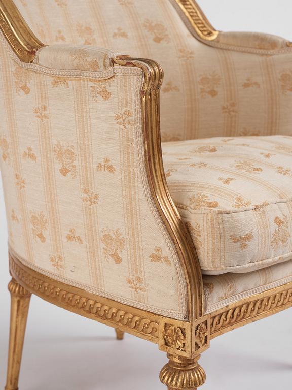 A royal Gustavian giltwood bergère, Stockholm, late 18th century.