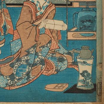 Utagawa Kunisada, four colour woodblock prints, Japan, c. 1850-60.
