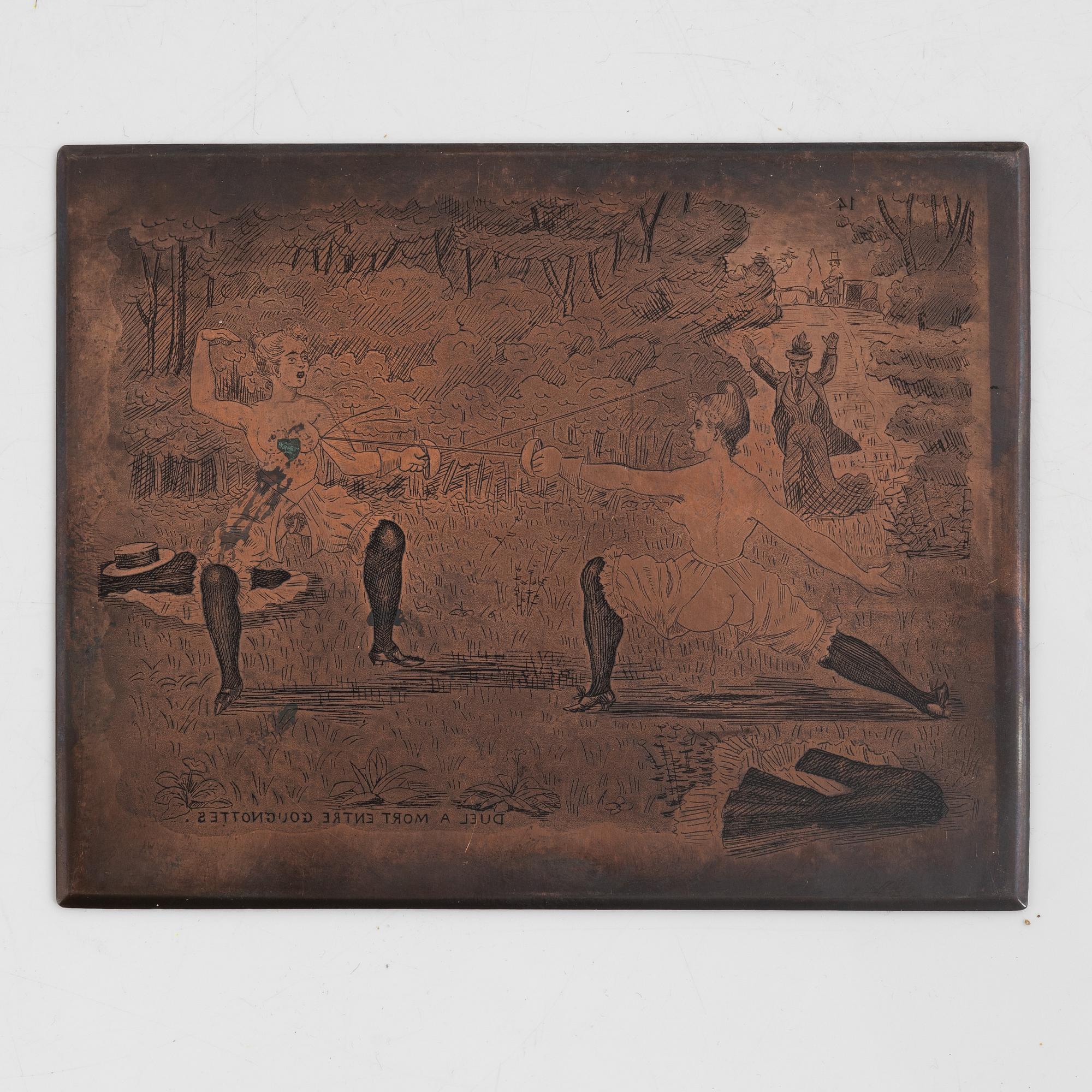 Six copper printing plates, France, 19th century.