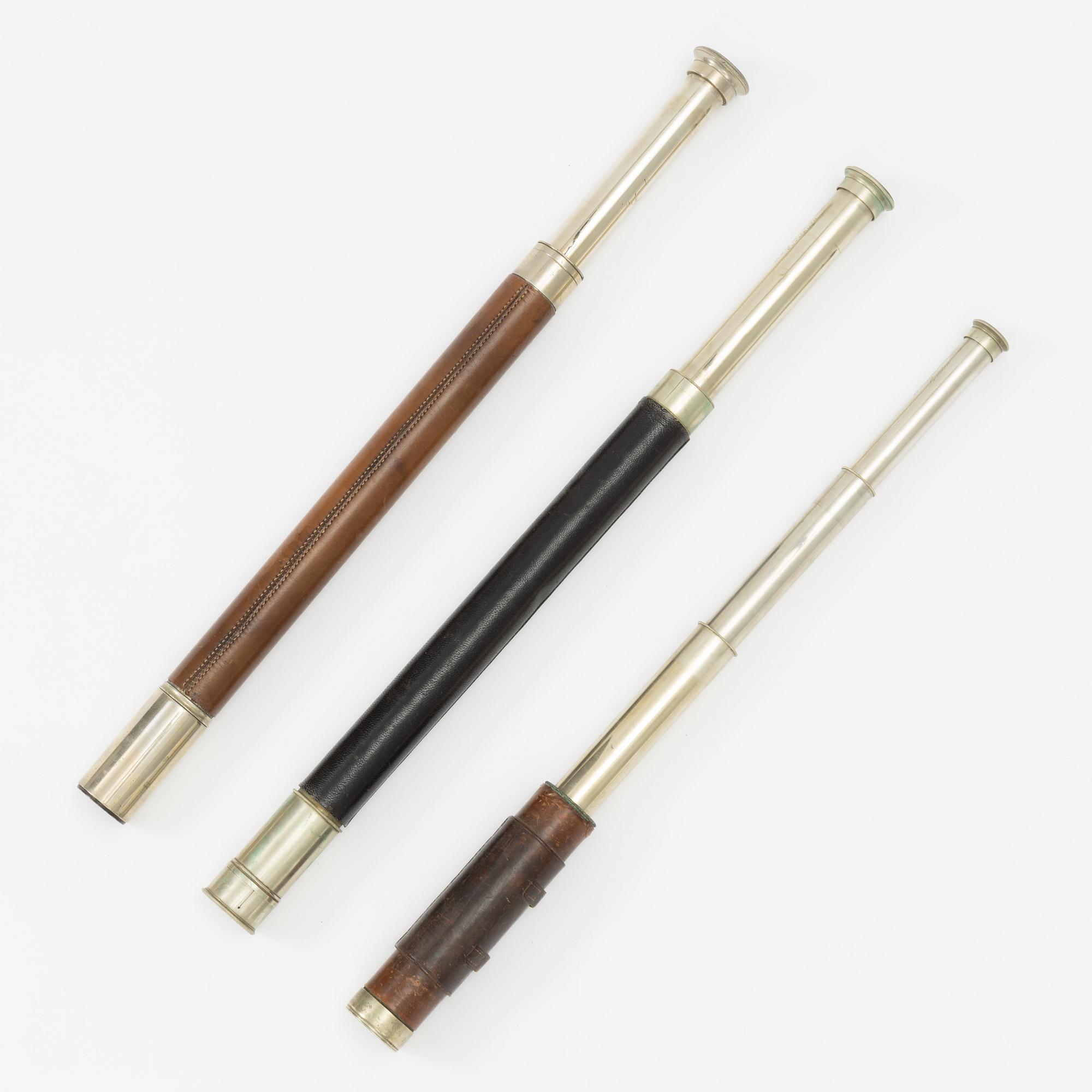 Three telescopes, English, by F Cox, Negretti & Zambra, and Hicks, 19th/20th century.