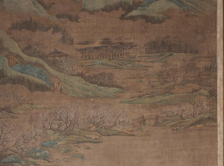 A large water colour and ink painting on silk, by Anonymous artist, Qing dynasty, 18th/19th Century.