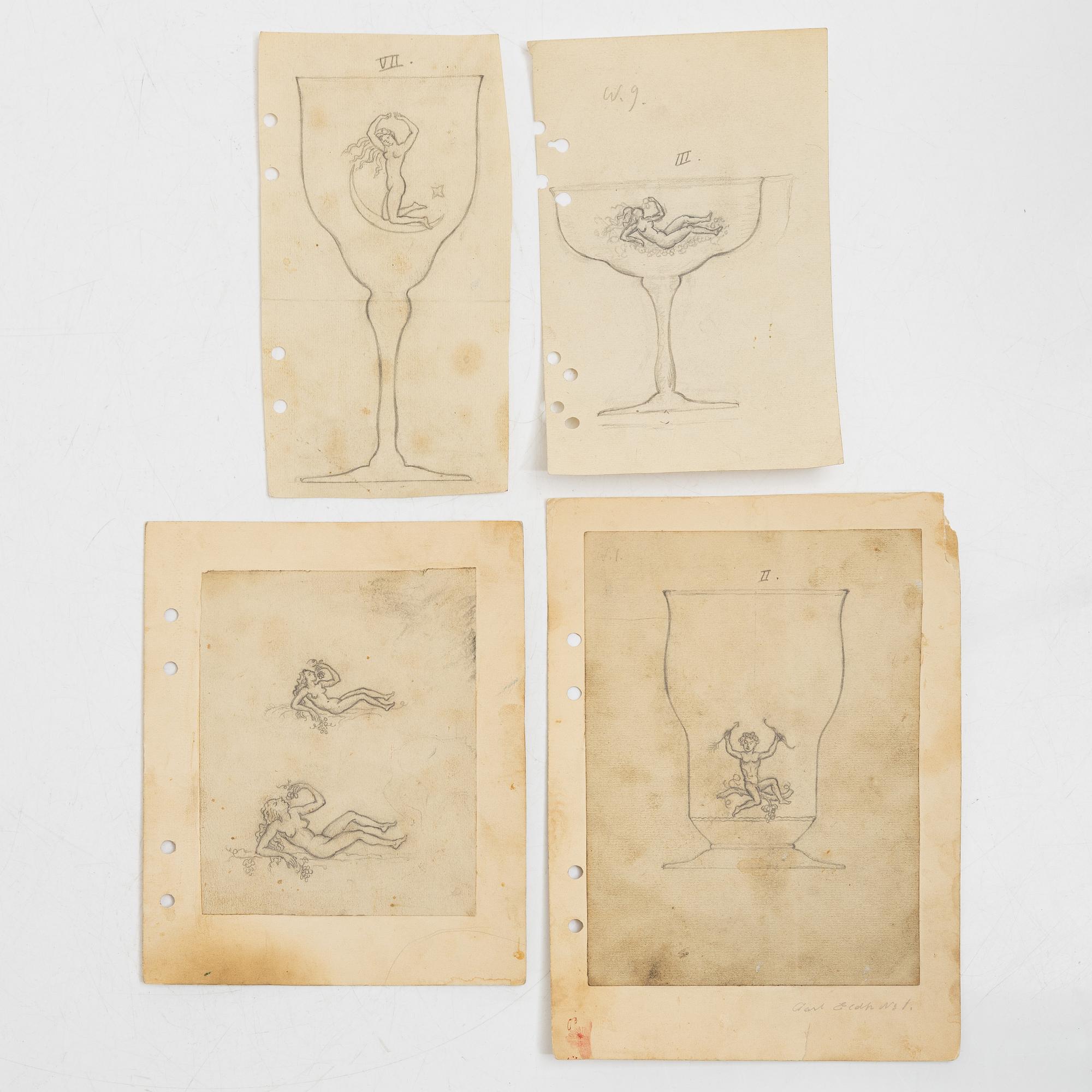 Carl Eldh, original drawings and an engraved glass decanter, Orrefors 1931.