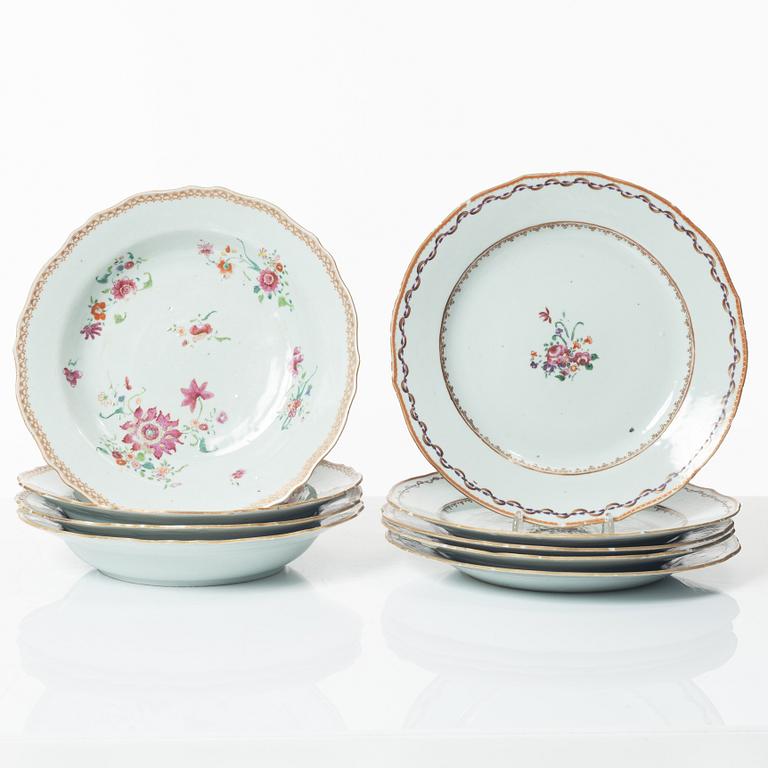 A set of five famille rose plates and four soup plates, Qing dynasty, Qianlong (1736-95).