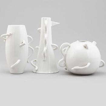 Alessandro Mendini, a set of three post modern white glazed "Dealbata" ceramic vases, Zanotta, Italy post 1987.