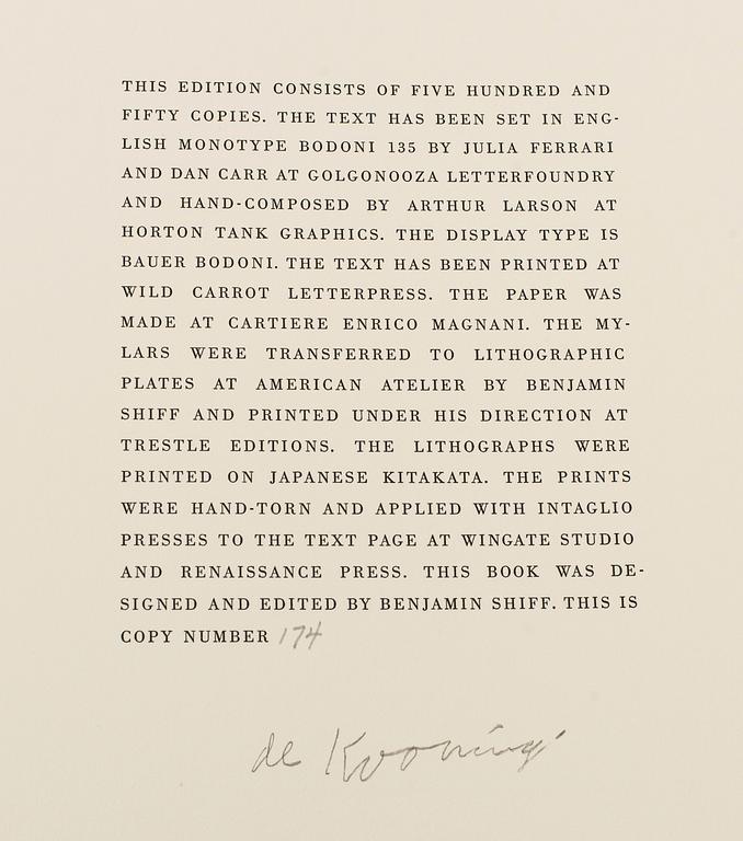 WILLEM DE KOONING, Poems by Frank O'Hara with litographs by Willem De Kooning, signerad och numrerad 174/550.