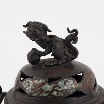 A Chinese bronze and cloisonné censer with cover, Qing dynasty, 19th century.