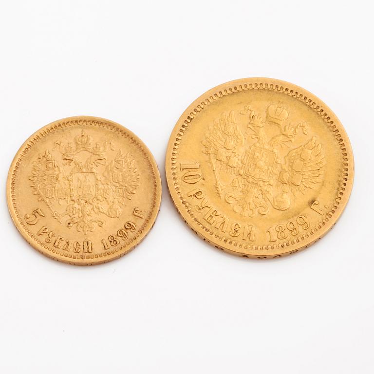 Two gold coins, 10 and 5 rubel, 1899, weight 13 g.