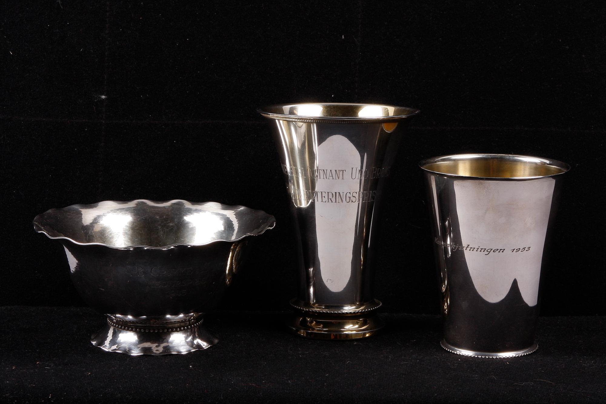 BÄGARE SAMT SKÅL, 3 st, silver, bla CG Hallberg, 1950-60-tal.