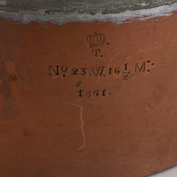A cooking pot and a lid, Tullgarns Slott, Sweden, dated 1851.