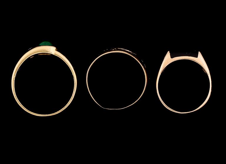 RINGAR, 3 st, 18K guld, briljantslipad diamant samt olika stenar. Total vikt ca 8 g.