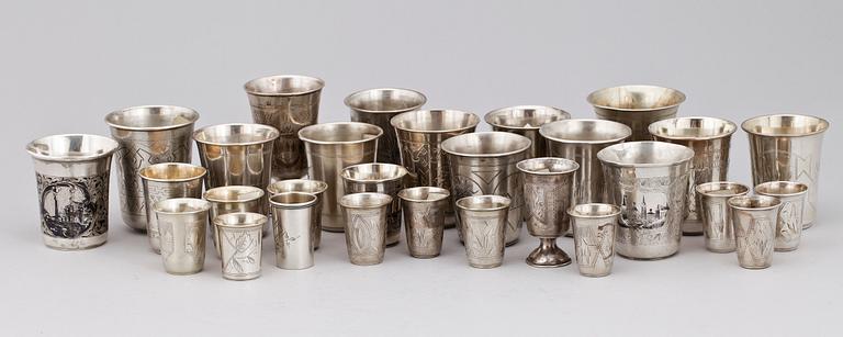 BÄGARE, 29 st, silver, Ryssland, bla Moskva, sent 1800-tal till tidigt 1900-tal. Tot vikt ca 1000 gram.